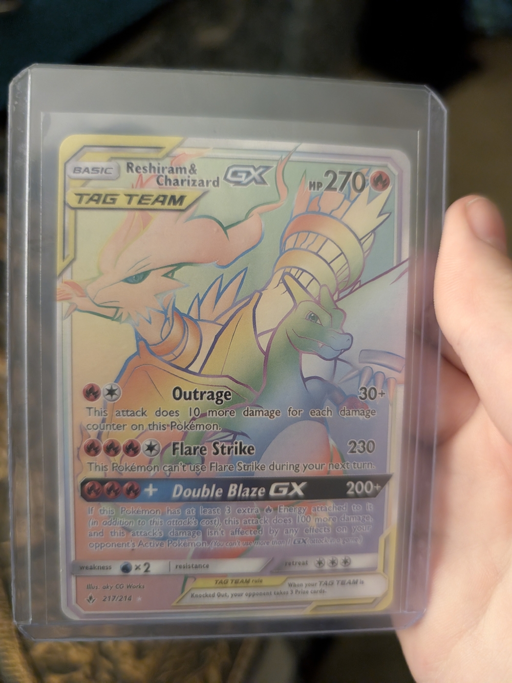 TCG Reshiram & Charizard-GX Rainbow Holo Tag Team Card